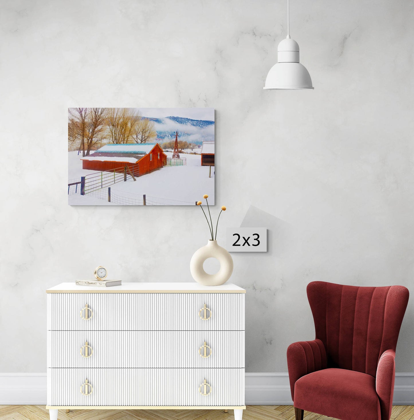Red Barn in Snow Scene, Snowy Landscape Photo, Farm Winter Landscape Canvas, Colorado Winter Print, Rocky Mountain Scenery, Farmhouse Decor - SandyDobbsFineArtPhotography