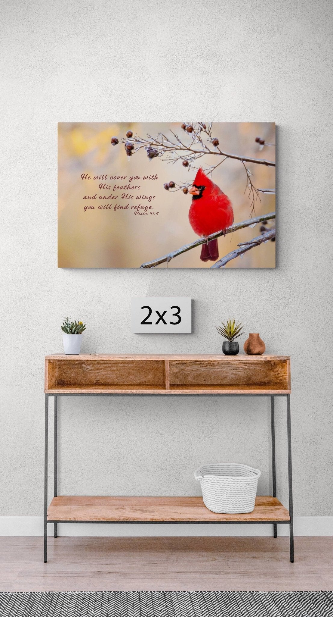 Psalm 91:4, Red Cardinal Bible Verse, Cardinal Scripture Canvas, Christian Inspirational Wall Art, He Will Cover You With His Feathers - SandyDobbsFineArtPhotography