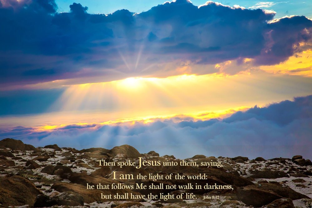 John 8 - 12 Scripture Wall Art, Christian Inspirational Canvas, I am the Light, Colorado Landscape Photography Print, Mountain Sunrise - SandyDobbsFineArtPhotography