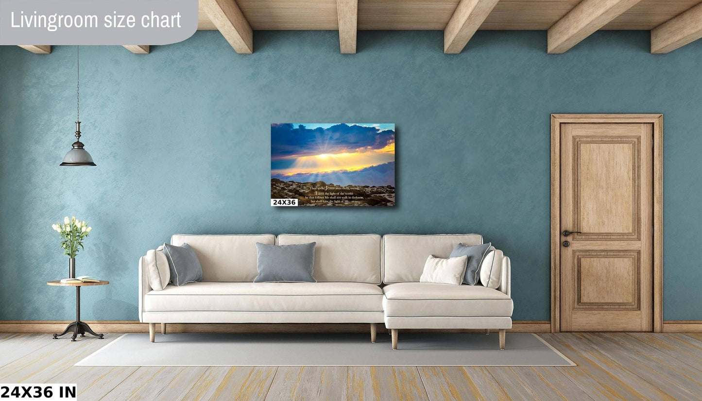 John 8 - 12 Scripture Wall Art, Christian Inspirational Canvas, I am the Light, Colorado Landscape Photography Print, Mountain Sunrise - SandyDobbsFineArtPhotography