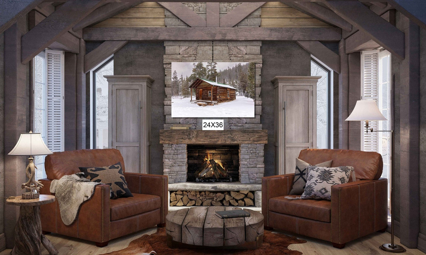 Cabin in Snow Rocky Mountain National Park, Colorado Winter Landscape Photo, Grand Lake, Christmas Forest Scenery, Large Wall Art Home Decor - SandyDobbsFineArtPhotography