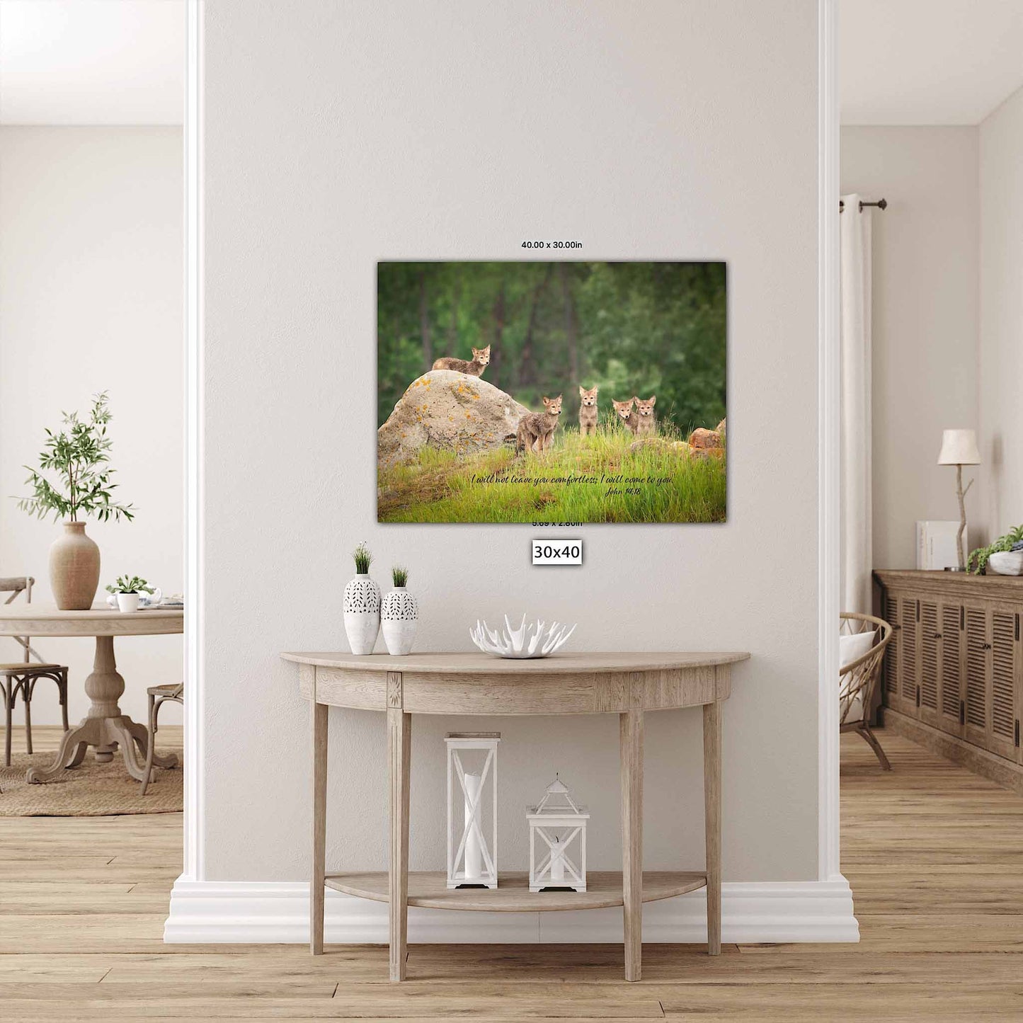 John 14:18 Bible Verse Photo, Coyote Pups Scripture Canvas, Christian Inspirational Canvas Wall Art, God Will Not Leave Us, Wildlife Print