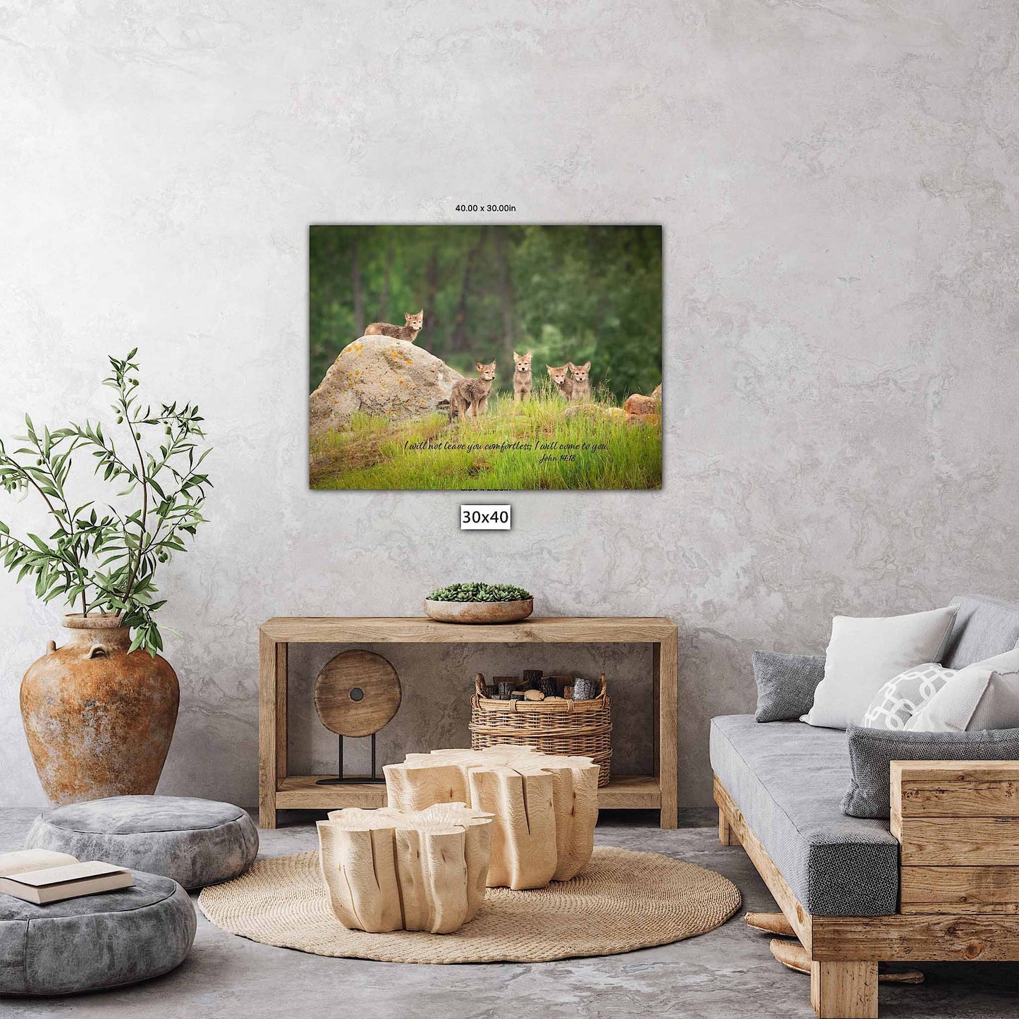 John 14:18 Bible Verse Photo, Coyote Pups Scripture Canvas, Christian Inspirational Canvas Wall Art, God Will Not Leave Us, Wildlife Print