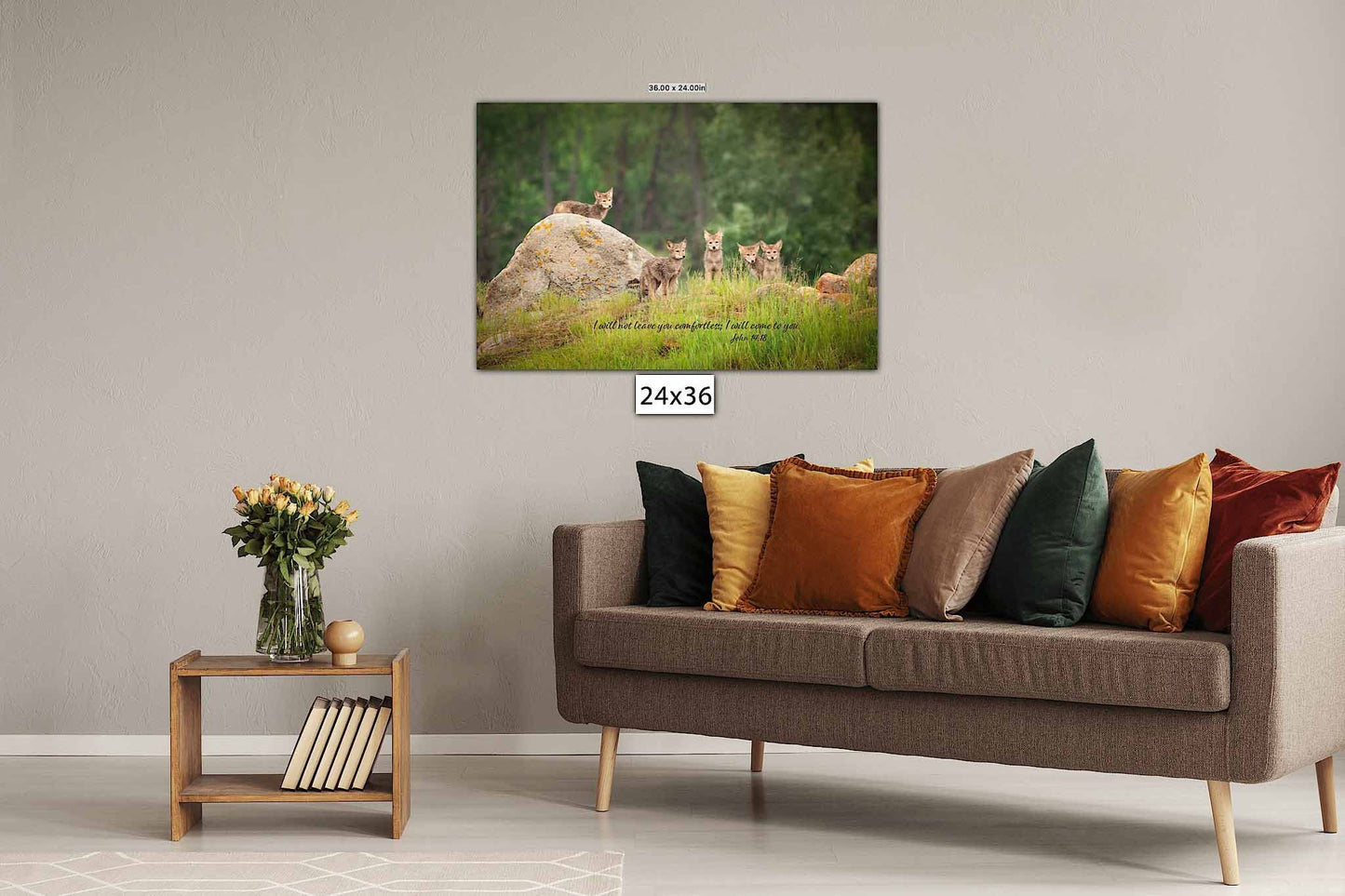 John 14:18 Bible Verse Photo, Coyote Pups Scripture Canvas, Christian Inspirational Canvas Wall Art, God Will Not Leave Us, Wildlife Print
