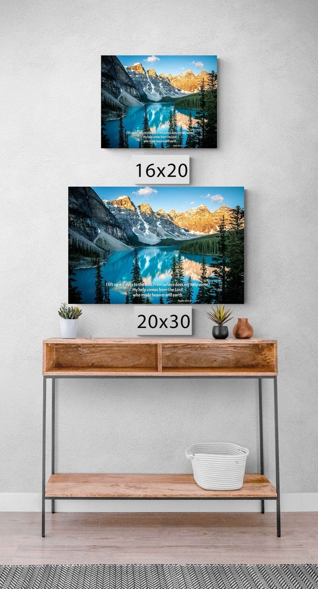 Psalm 121:1 - 2 Christian Inspirational Wall Art, Scripture Canvas, Moraine Lake Sunrise Photo, My Help Comes From the Lord, Banff Canada - SandyDobbsFineArtPhotography