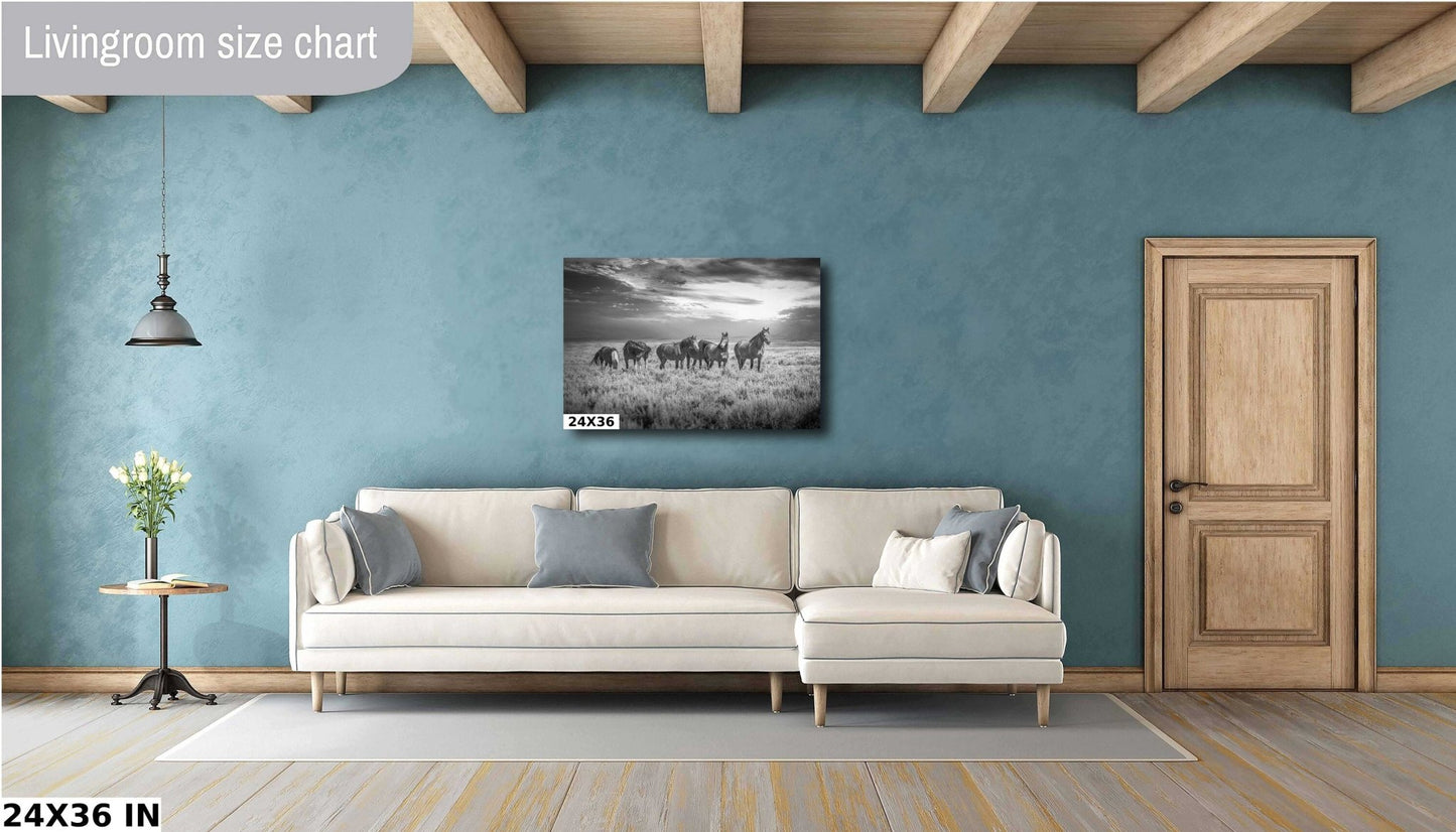 Black and White Wyoming Wild Horses Wall Art Print, Wild Mustang Photo Canvas, Cowboy Old West Decor for Home, Living Room, Bedroom Office - SandyDobbsFineArtPhotography