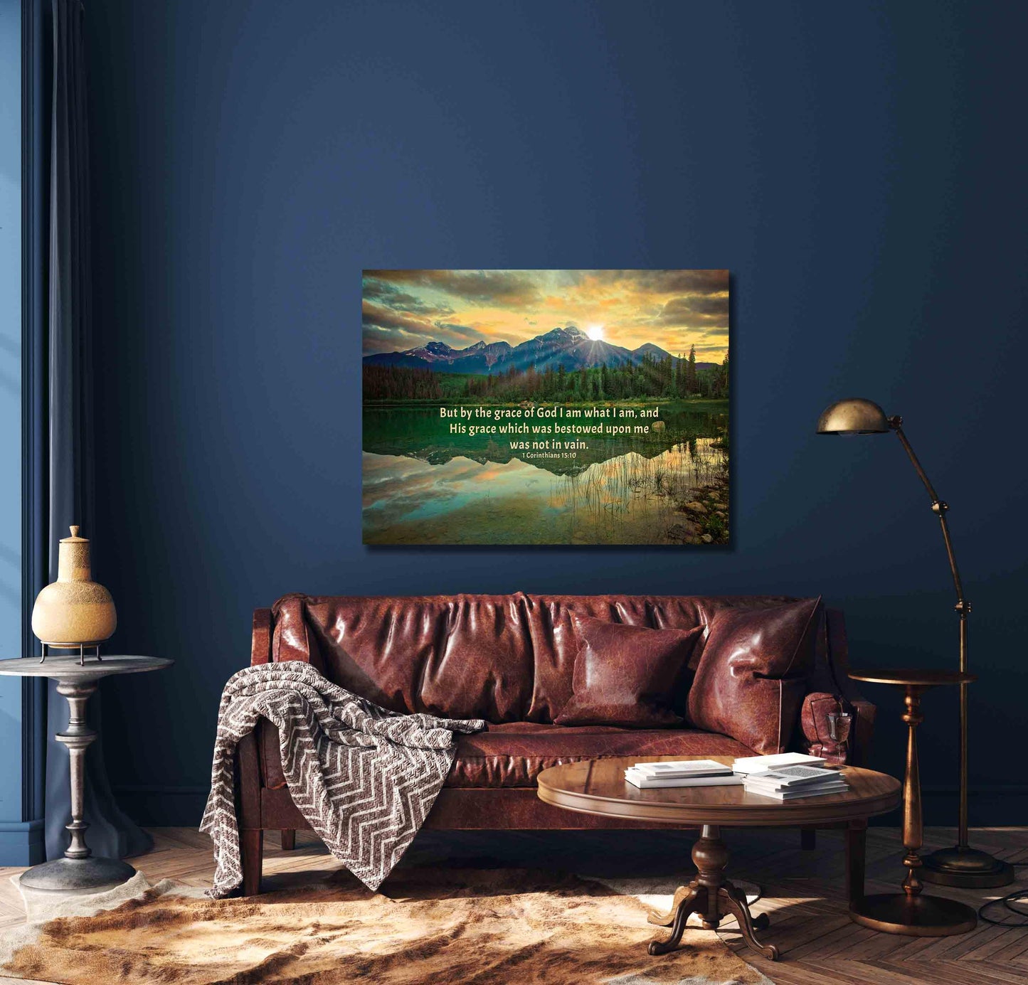 By the Grace of God Bible Verse Photo Canvas, 1 Corinthians 15:11 Christian Scripture Inspirational Wall Art, Canadian Rockies, Jasper Lake