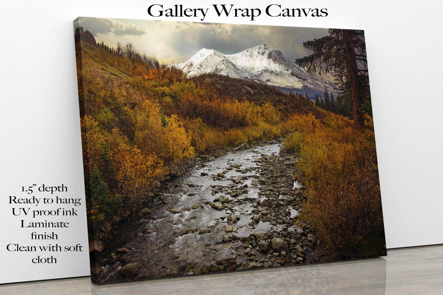 Crested Butte Colorado Landscape Photo Print, Snowy Mountain Peaks over Stream, Autumn Aspen Trees, Fall Canvas, San Juan Rocky Photography