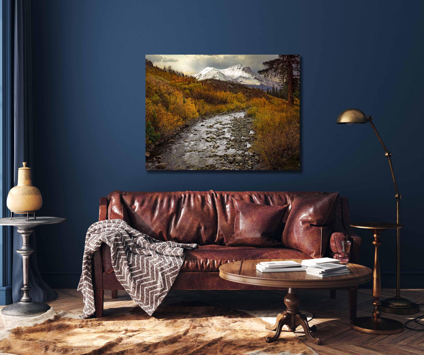 Crested Butte Colorado Landscape Photo Print, Snowy Mountain Peaks over Stream, Autumn Aspen Trees, Fall Canvas, San Juan Rocky Photography