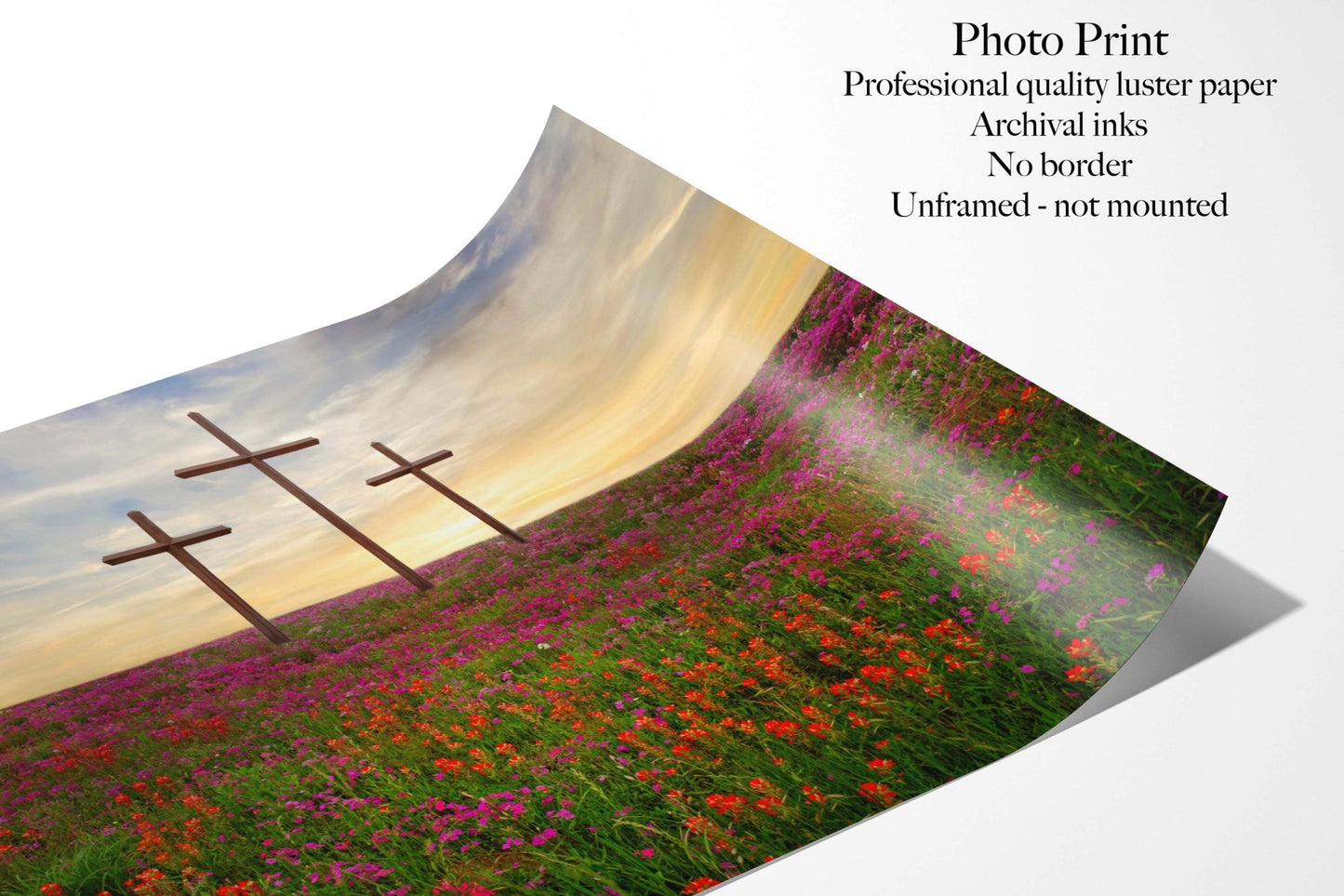 Christian Inspirational Wall Art – Three Crosses Canvas with Texas Wildflowers Sunset Print - SandyDobbsFineArtPhotography