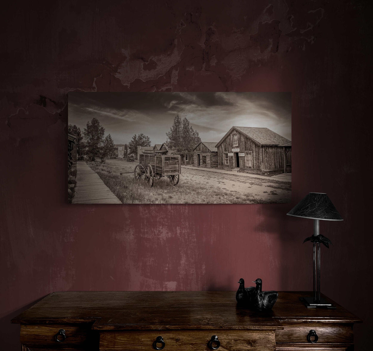 Panoramic Sepia Old West Colorado Ghost Town Print, Old Wagon Canvas Photo, Rustic Style, Cowboy Art, Western Art Photography Wall Picture - SandyDobbsFineArtPhotography