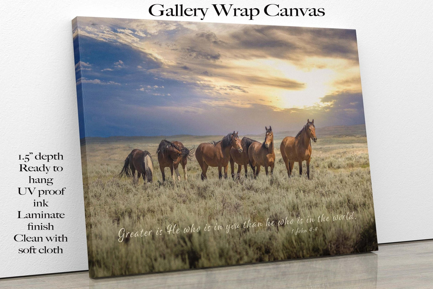 1 John 4:4 Wild Horses Bible Verse, Wild Mustang Scripture Canvas, Christian Inspirational Wall Art, Cowboy Old West Decor, Greater is He - SandyDobbsFineArtPhotography