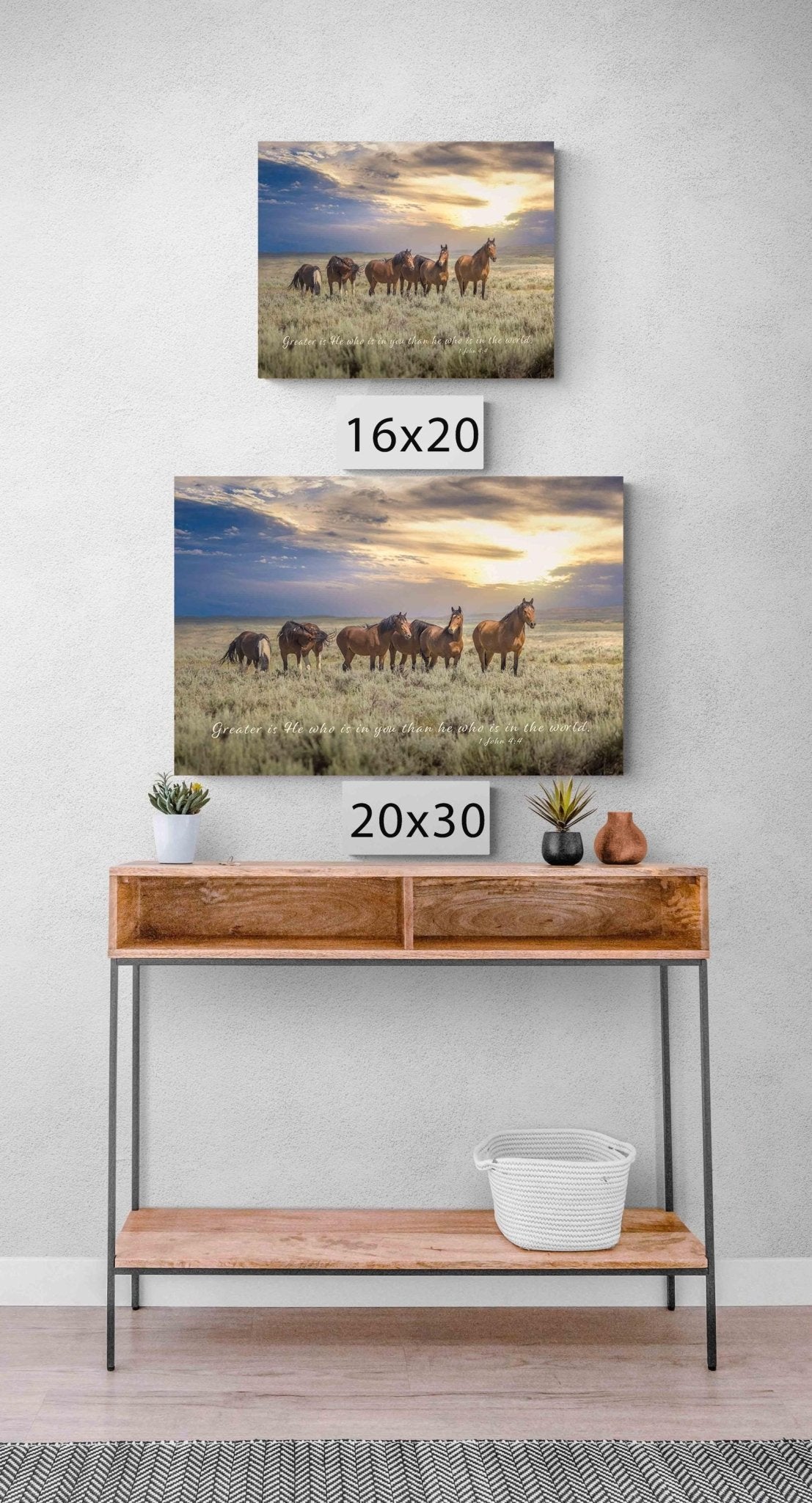 1 John 4:4 Wild Horses Bible Verse, Wild Mustang Scripture Canvas, Christian Inspirational Wall Art, Cowboy Old West Decor, Greater is He - SandyDobbsFineArtPhotography