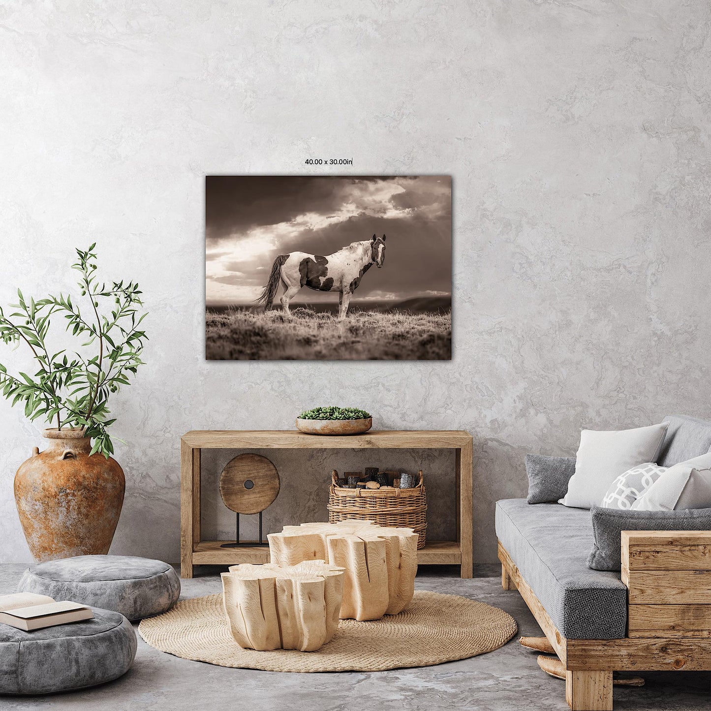 Wild Pinto Stallion Sepia Photo, Wyoming Mustang Horses Wall Art Print, Rocky Mountain Large Wildlife Canvas, Cowboy Old West Decor for Home - SandyDobbsFineArtPhotography