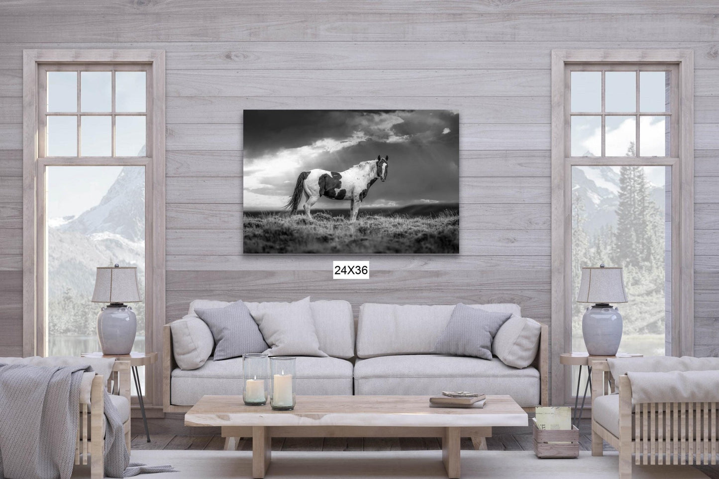 Wild Pinto Stallion Black and White Horse Photo, Wyoming Mustang Wall Art Print, Rocky Mountain Wildlife Canvas, Cowboy Old West Decor - SandyDobbsFineArtPhotography