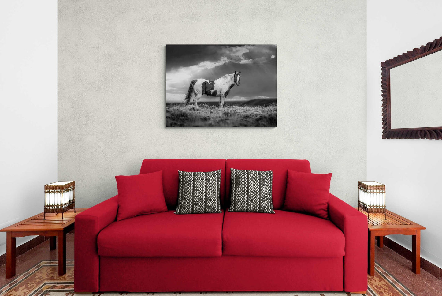 Wild Pinto Stallion Black and White Horse Photo, Wyoming Mustang Wall Art Print, Rocky Mountain Wildlife Canvas, Cowboy Old West Decor - SandyDobbsFineArtPhotography