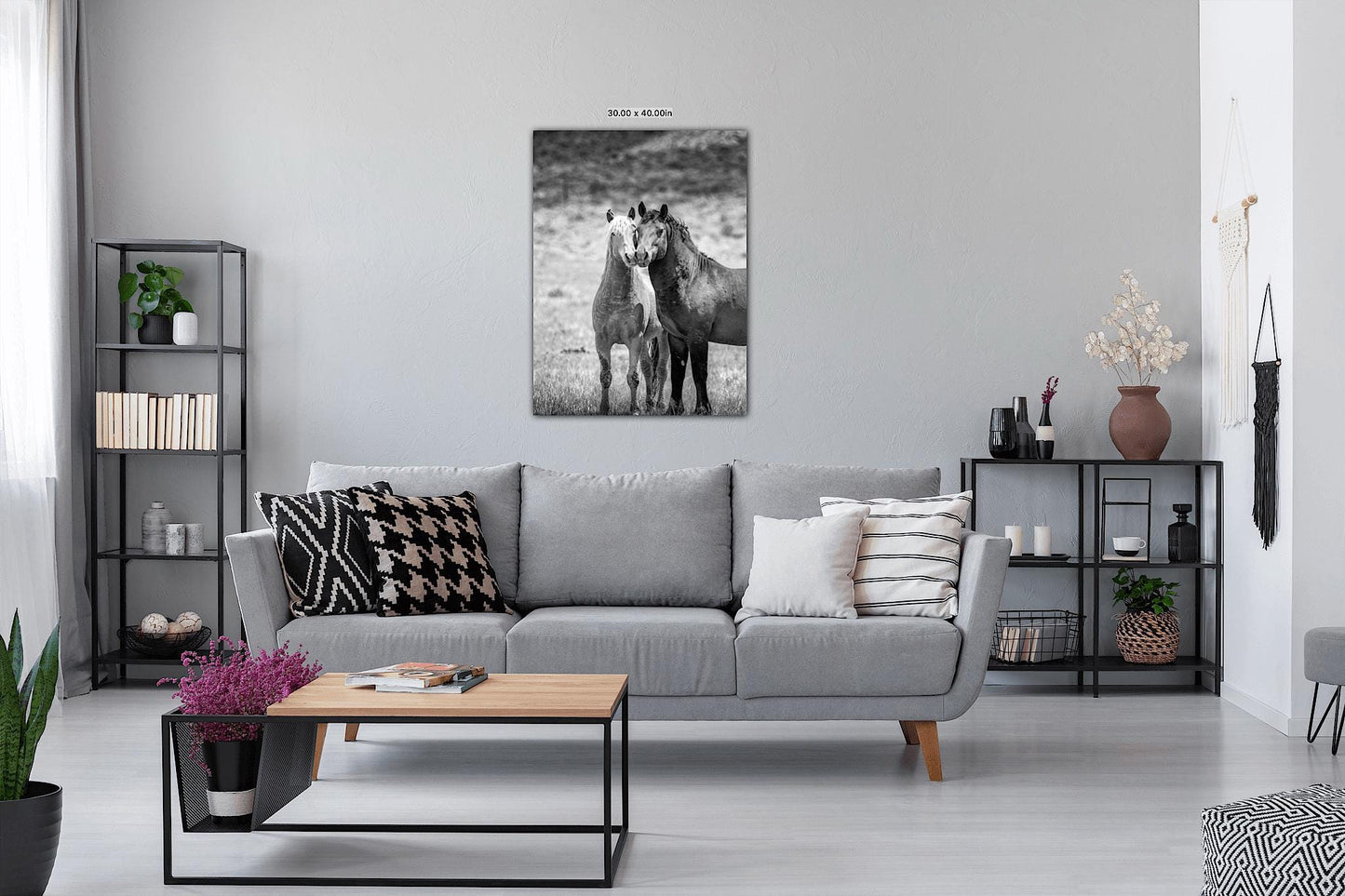 Wild Horses in Wyoming Black and White Vertical Print, Rustic Cowboy Decor, Stallions Photo Canvas, Salt Wells Creek Mountain Landscape - SandyDobbsFineArtPhotography