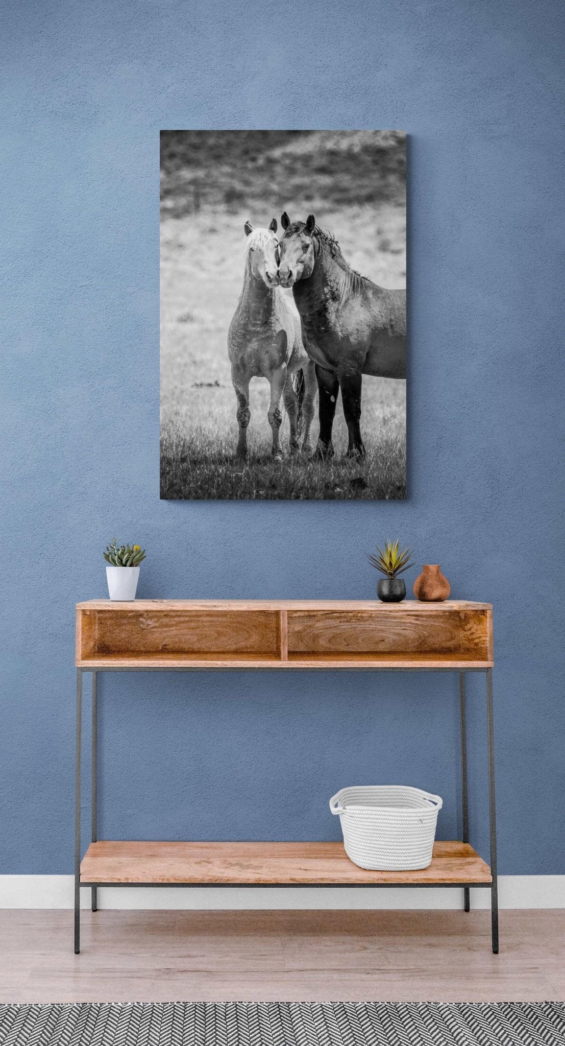 Wild Horses in Wyoming Black and White Vertical Print, Rustic Cowboy Decor, Stallions Photo Canvas, Salt Wells Creek Mountain Landscape - SandyDobbsFineArtPhotography