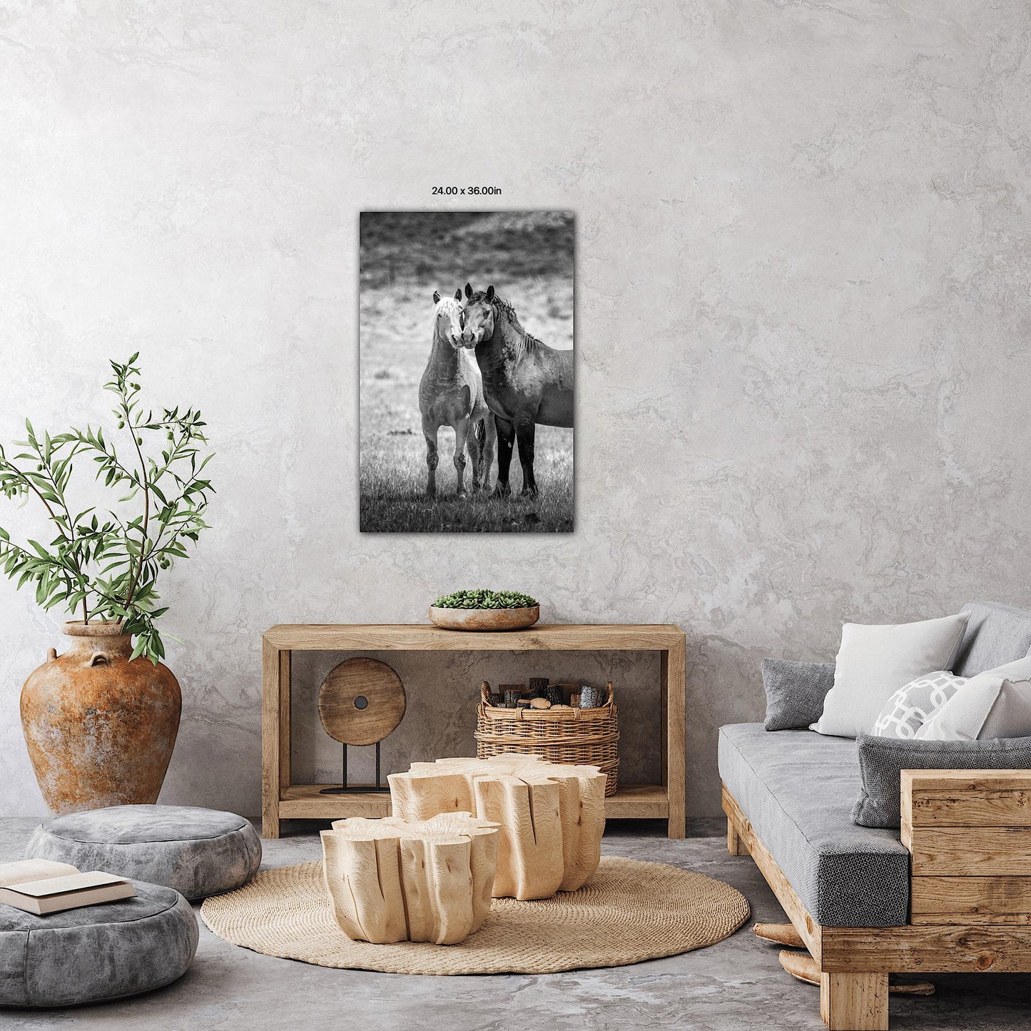Wild Horses in Wyoming Black and White Vertical Print, Rustic Cowboy Decor, Stallions Photo Canvas, Salt Wells Creek Mountain Landscape - SandyDobbsFineArtPhotography