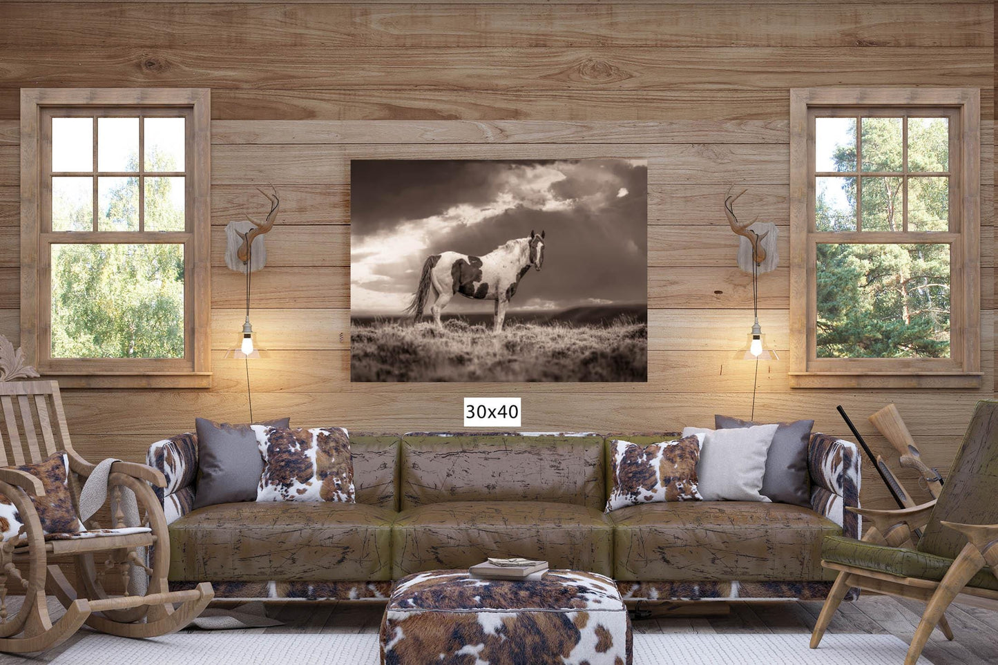 Wild Pinto Stallion Sepia Photo, Wyoming Mustang Horses Wall Art Print, Rocky Mountain Large Wildlife Canvas, Cowboy Old West Decor for Home - SandyDobbsFineArtPhotography