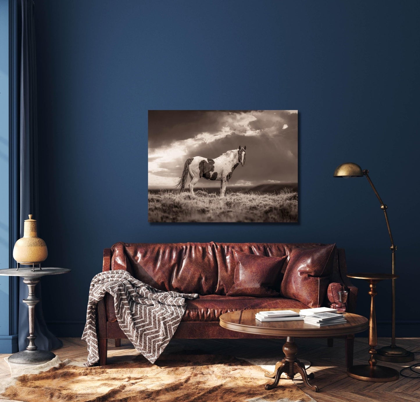 Wild Pinto Stallion Sepia Photo, Wyoming Mustang Horses Wall Art Print, Rocky Mountain Large Wildlife Canvas, Cowboy Old West Decor for Home - SandyDobbsFineArtPhotography