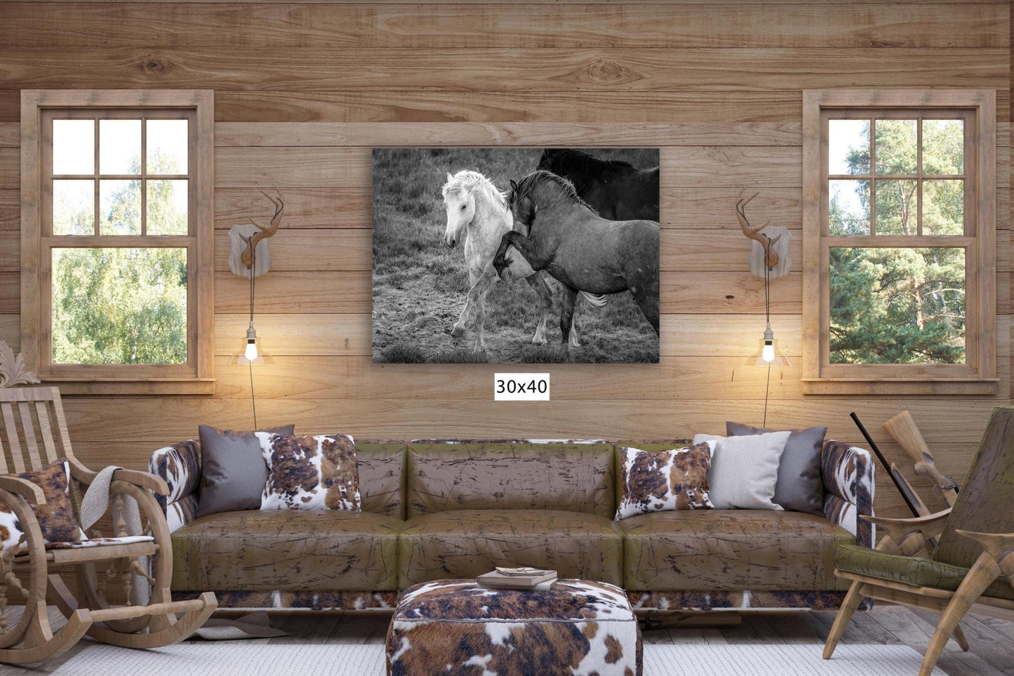 Wild Horses Dancing Black and White Photo, Wyoming Mustang Stallions Wall Art Print, Rocky Mountain Wildlife Canvas, Cowboy Old West Decor - SandyDobbsFineArtPhotography