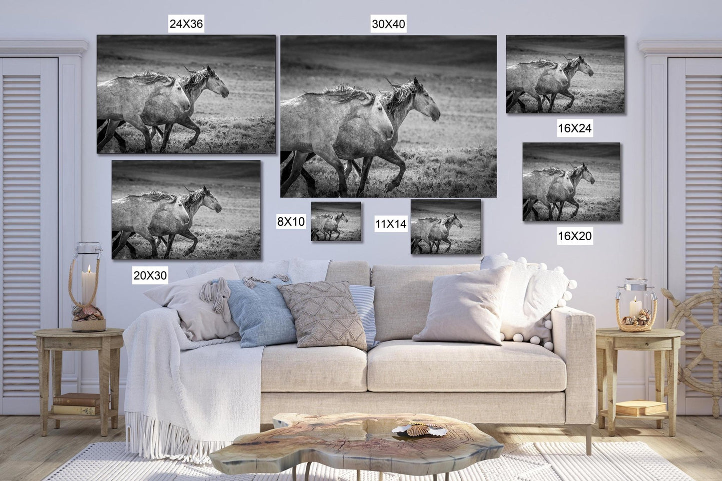 Wild Horses Running Black and White Photo, Adobe Town Wyoming Mustang Stallions Wall Art Print, Rocky Mountain Canvas, Cowboy Old West Decor - SandyDobbsFineArtPhotography