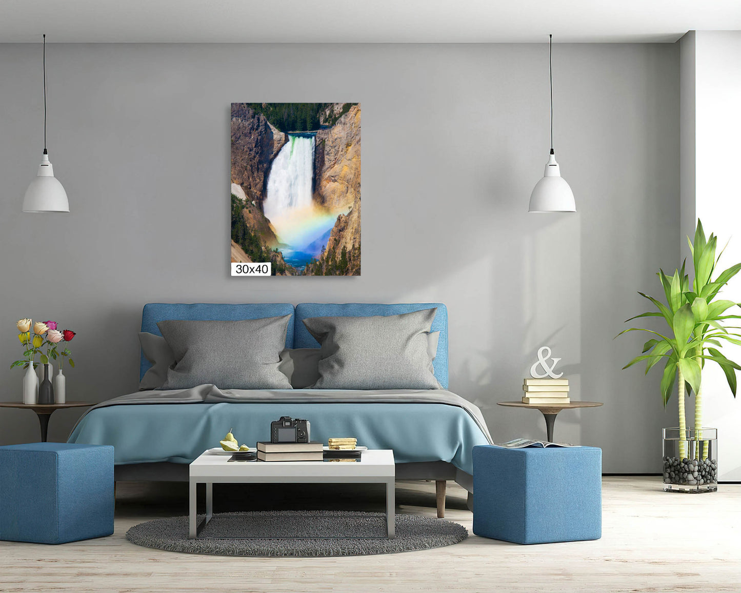 Yellowstone National Park Lower Falls, Waterfall with Rainbow, Fine Art Landscape by Original Photographer, Canvas Wall Art Prints for Home