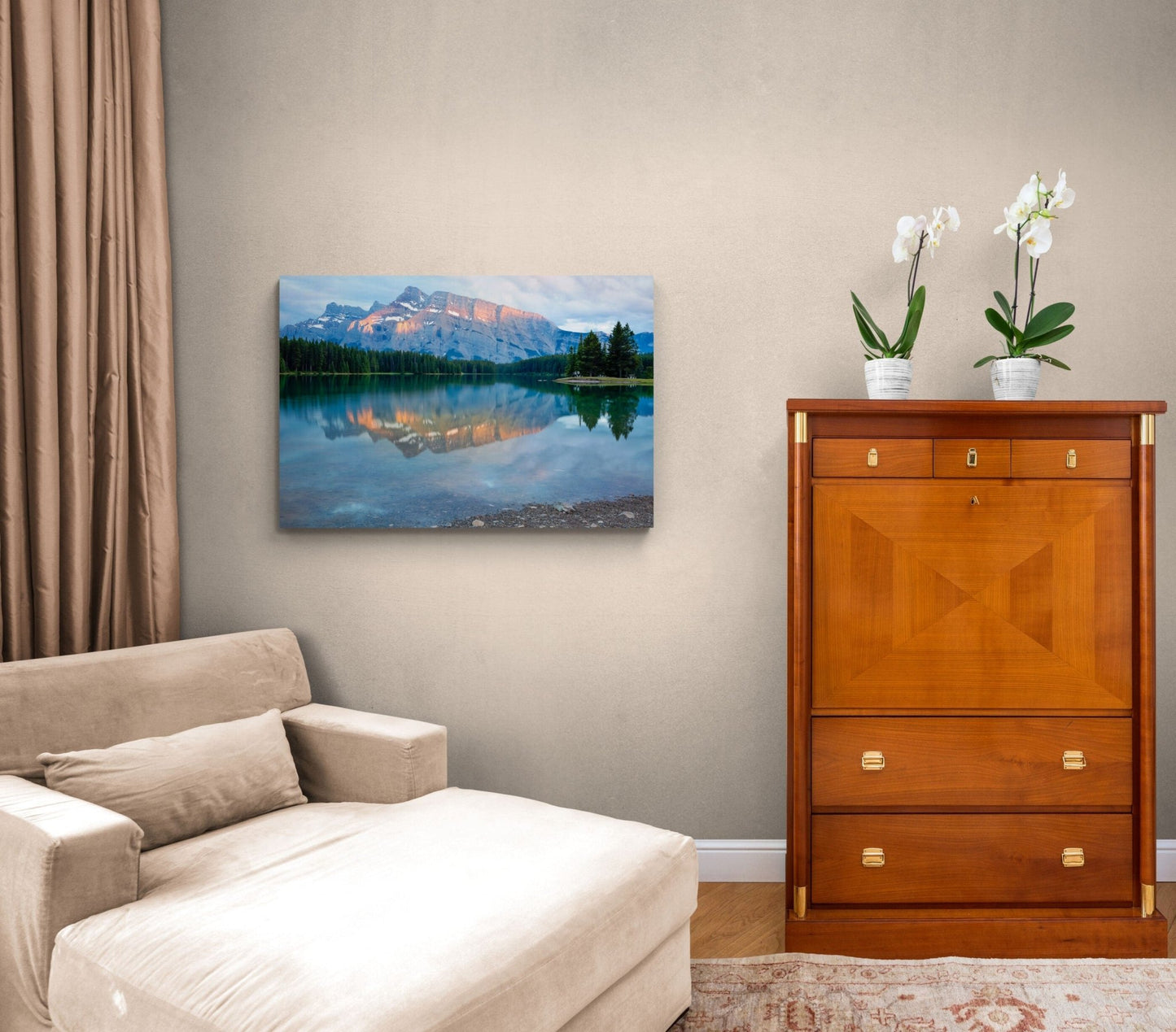 Nature Photo Sale, Rocky Mountain Photography, Blue Mountain Sunrise Landscape Print, Banff Canada, Canvas Wall Art Prints, Two Jack Lake - SandyDobbsFineArtPhotography