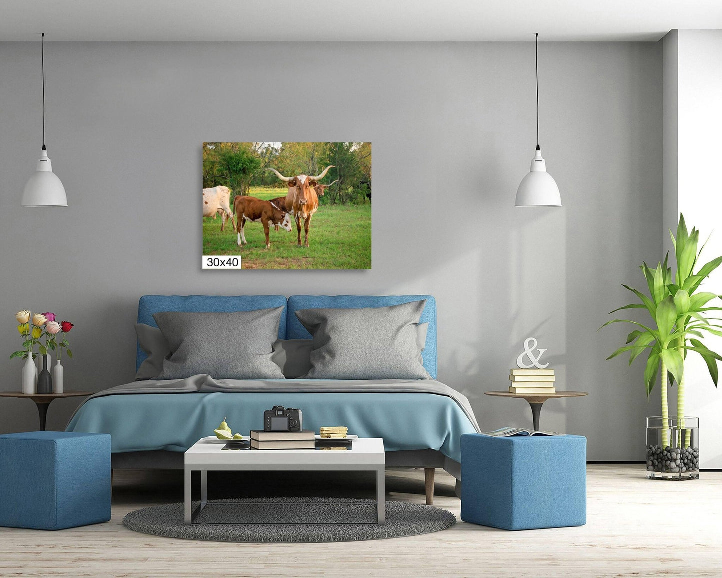 Texas Longhorn Cow Calf Print, Canvas Wall Art Prints, Cow Wall Art, Western Decor, Rustic Wall Decor for Home and Office - SandyDobbsFineArtPhotography