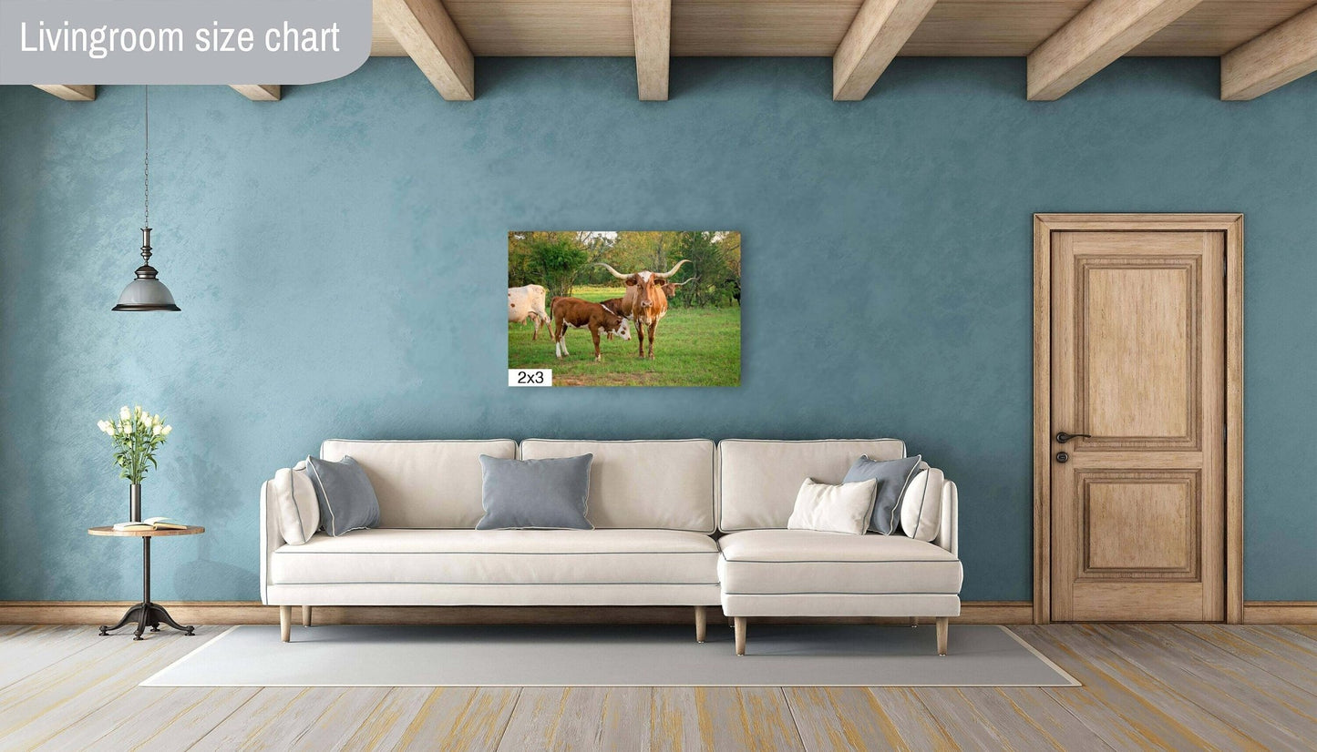 Texas Longhorn Cow Calf Print, Canvas Wall Art Prints, Cow Wall Art, Western Decor, Rustic Wall Decor for Home and Office - SandyDobbsFineArtPhotography