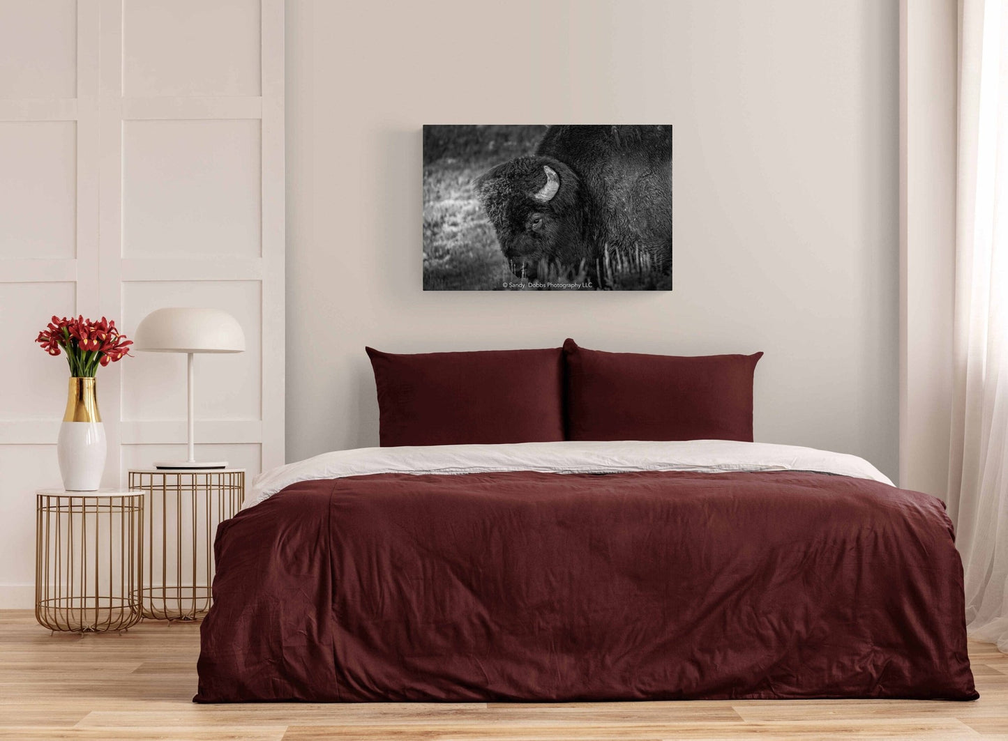 Bison Canvas Black White Print, Buffalo Closeup Sepia Photograph, Yellowstone National Park Wildlife Photography, Wildlife Wall Art Decor - SandyDobbsFineArtPhotography