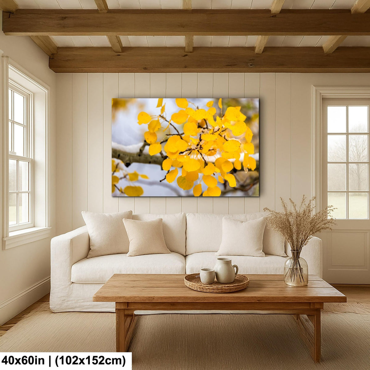 a cozy living room with a large, vibrant yellow tree branch hanging from a branch, creating a warm and inviting atmosphere.
