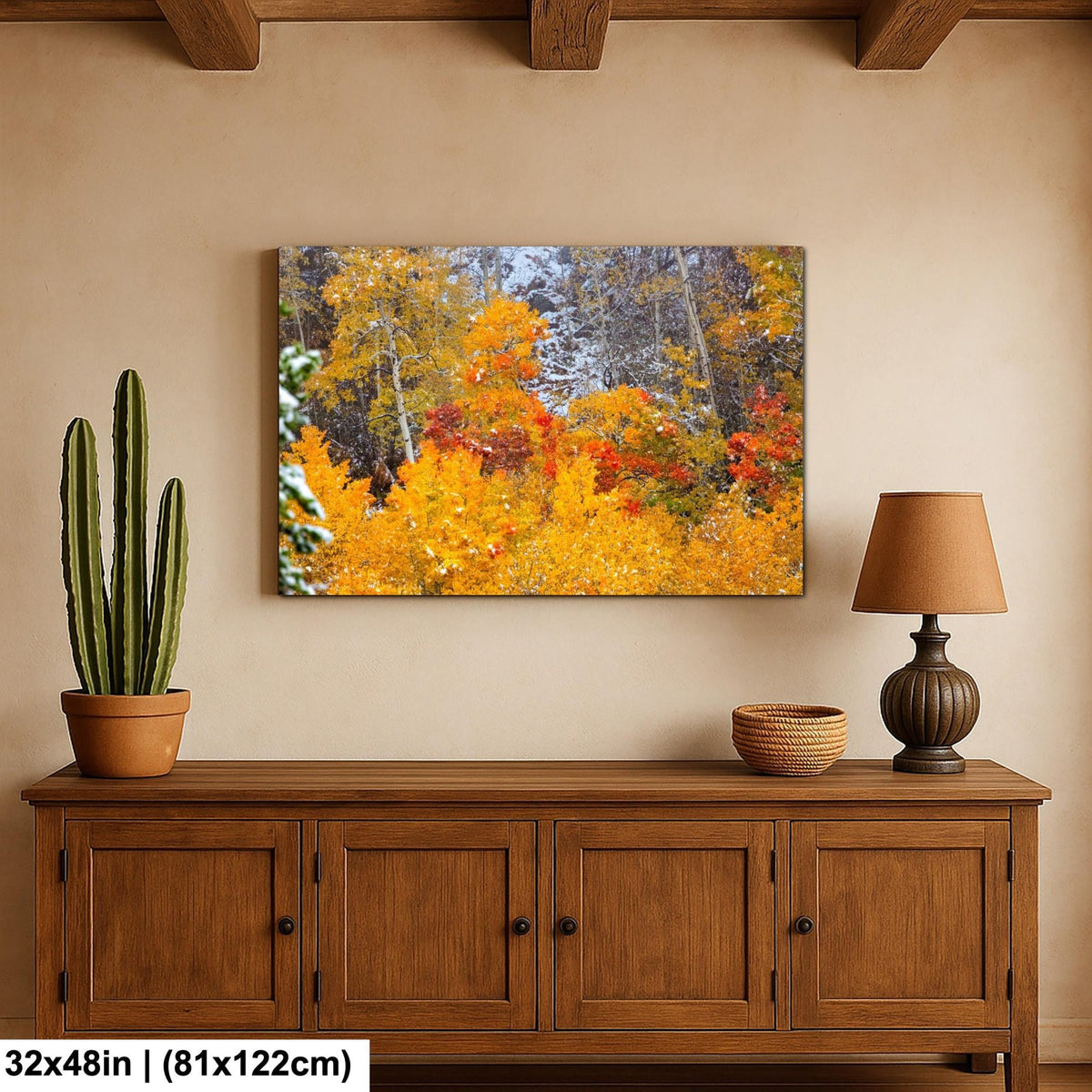 Vivid aspens in autumn colors of orange, gold and red, dusted with snow. Photo taken in Rocky Mountain National Park along Bear Lake Road in October 2025. Image available in paper, canvas, metal or acrylic prints.