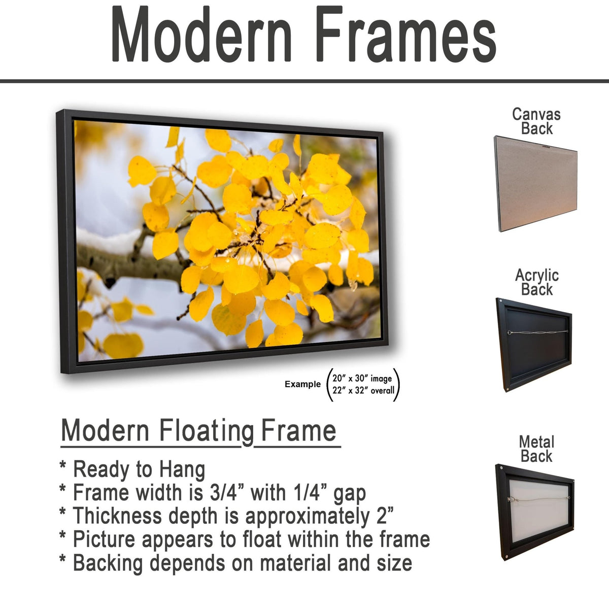 The image is a modern floating frame with a yellow leafy tree in the center. The frame width is 3'4" with a 1/4" gap, and the thickness is approximately 2" for the picture. The picture appears to float within the frame, and the backing depends on the material and size.