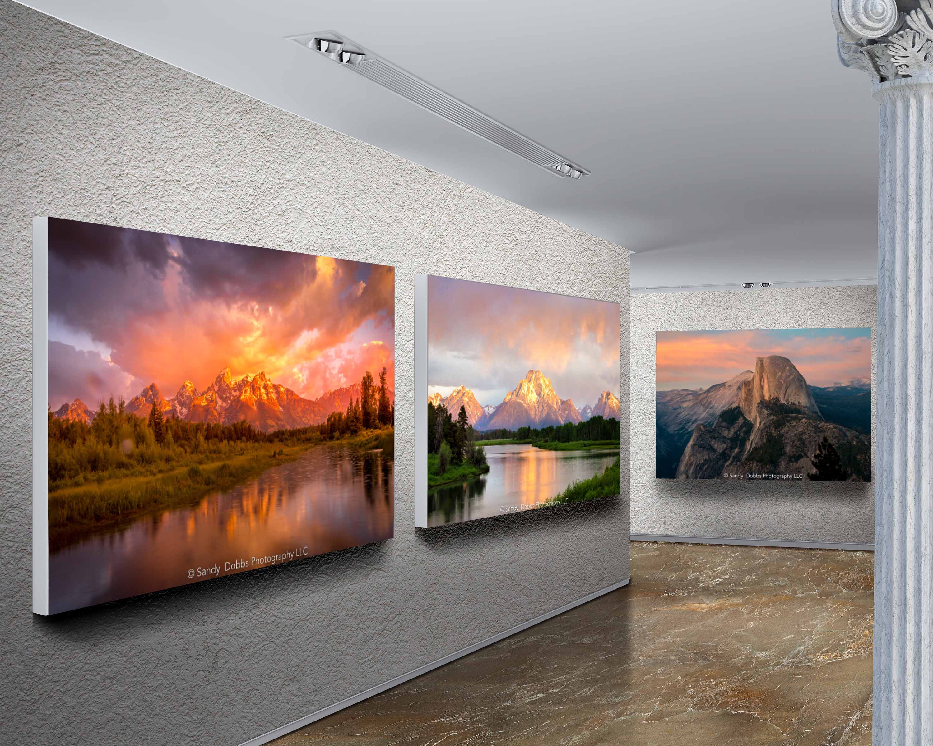 Hallway gallery of colorful sunrise mountain photos from Wyoming and Colorado.