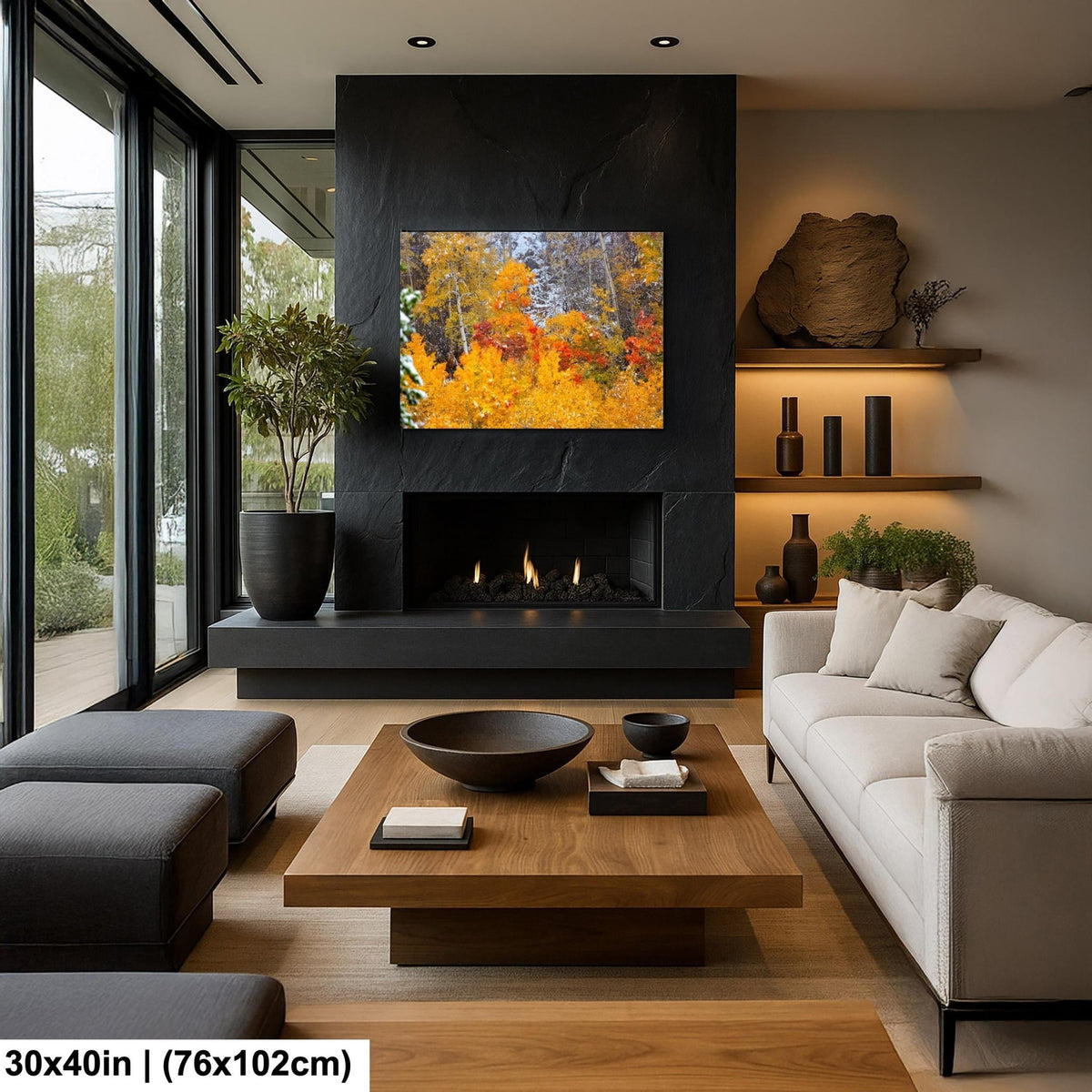 Vivid aspens in autumn colors of orange, gold and red, dusted with snow. Photo taken in Rocky Mountain National Park along Bear Lake Road in October 2025. Image available in paper, canvas, metal or acrylic prints.