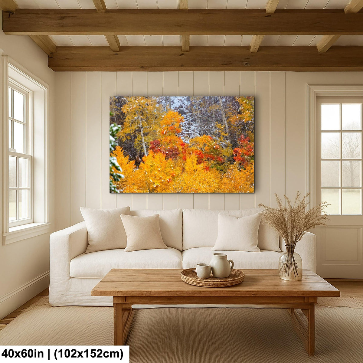 Vivid aspens in autumn colors of orange, gold and red, dusted with snow. Photo taken in Rocky Mountain National Park along Bear Lake Road in October 2025. Image available in paper, canvas, metal or acrylic prints.