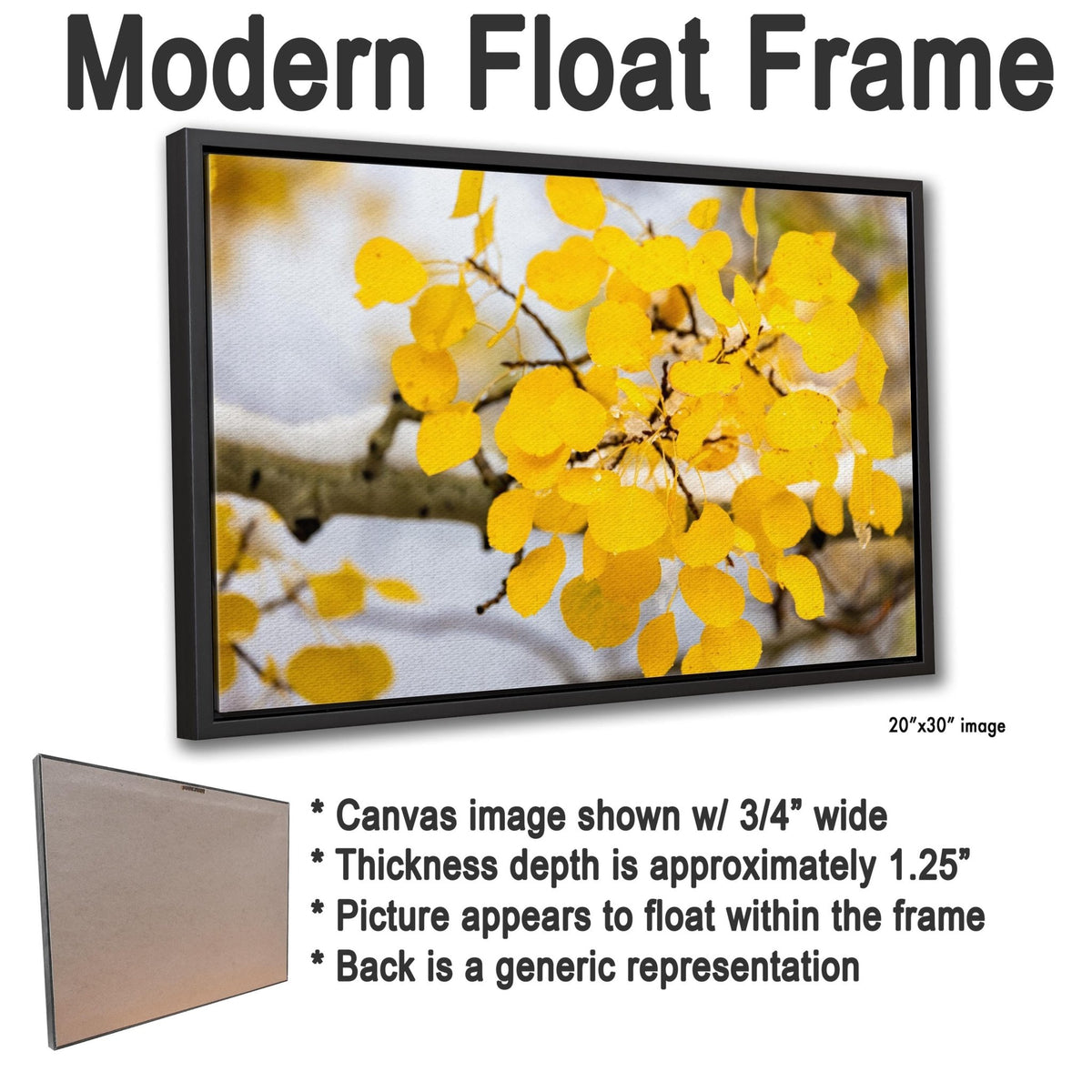a close-up of a branch with yellow leaves, and it is a canvas image with a 20" x 30" frame.