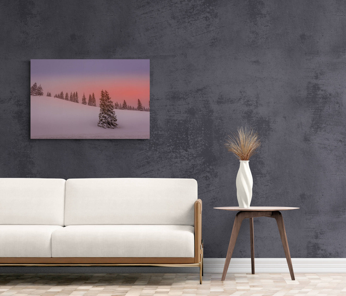 Snowy Sunset Landscape Photo, Minimalist Winter Photo Canvas, Colorado Winter Trees Print, Rocky Mountain Scenery, Pastel Winter Storm Art