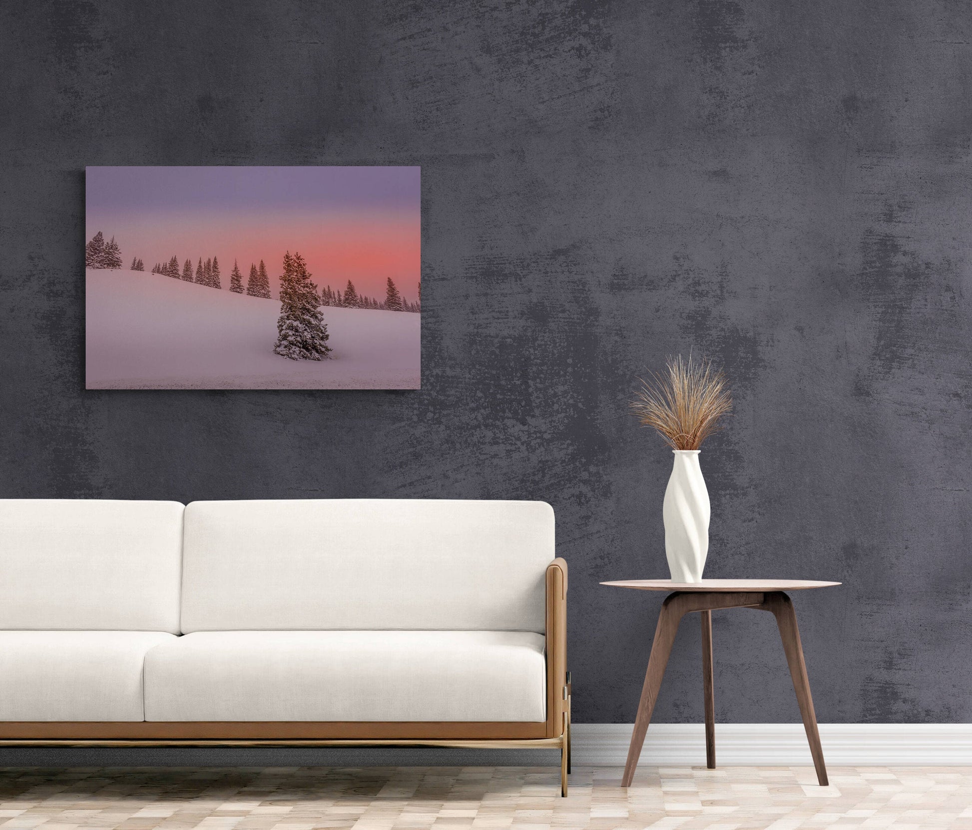 Snowy Sunset Landscape Photo, Minimalist Winter Photo Canvas, Colorado Winter Trees Print, Rocky Mountain Scenery, Pastel Winter Storm Art