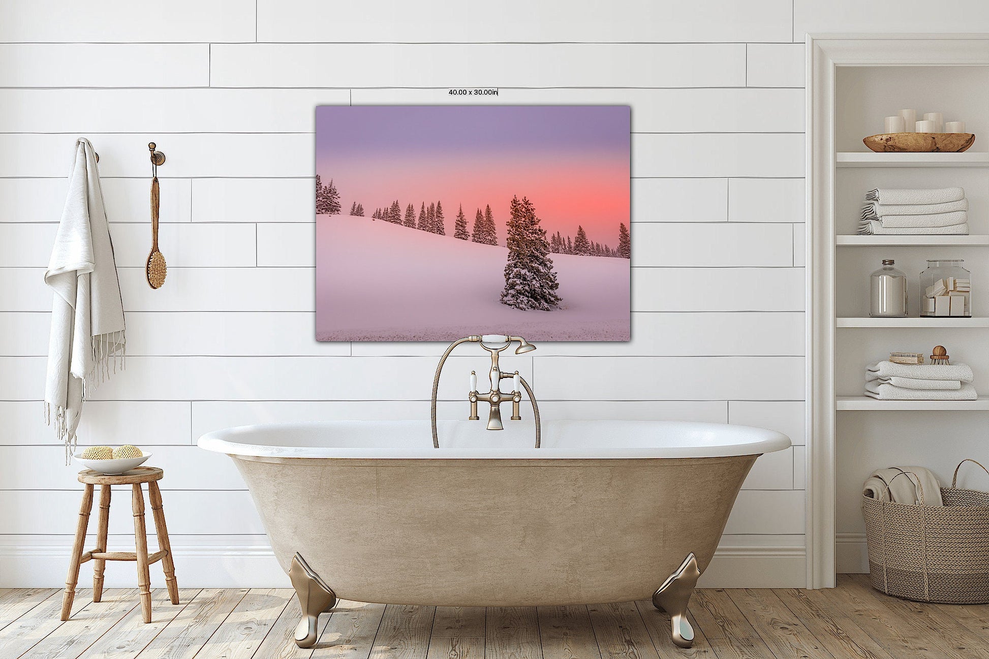 Snowy Sunset Landscape Photo, Minimalist Winter Photo Canvas, Colorado Winter Trees Print, Rocky Mountain Scenery, Pastel Winter Storm Art