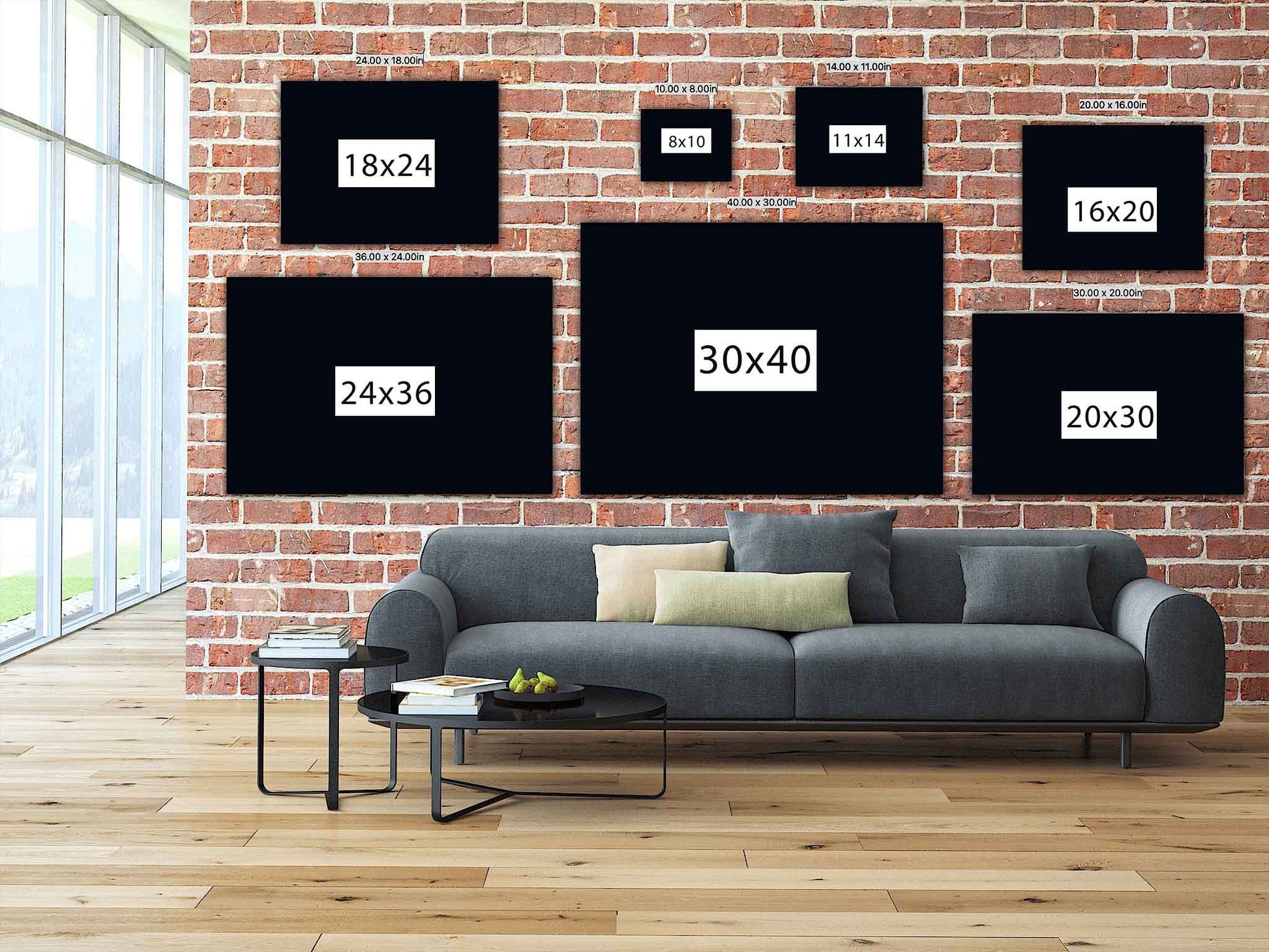 photo showing different sizes photo canvas prints on a brick wall over a couch