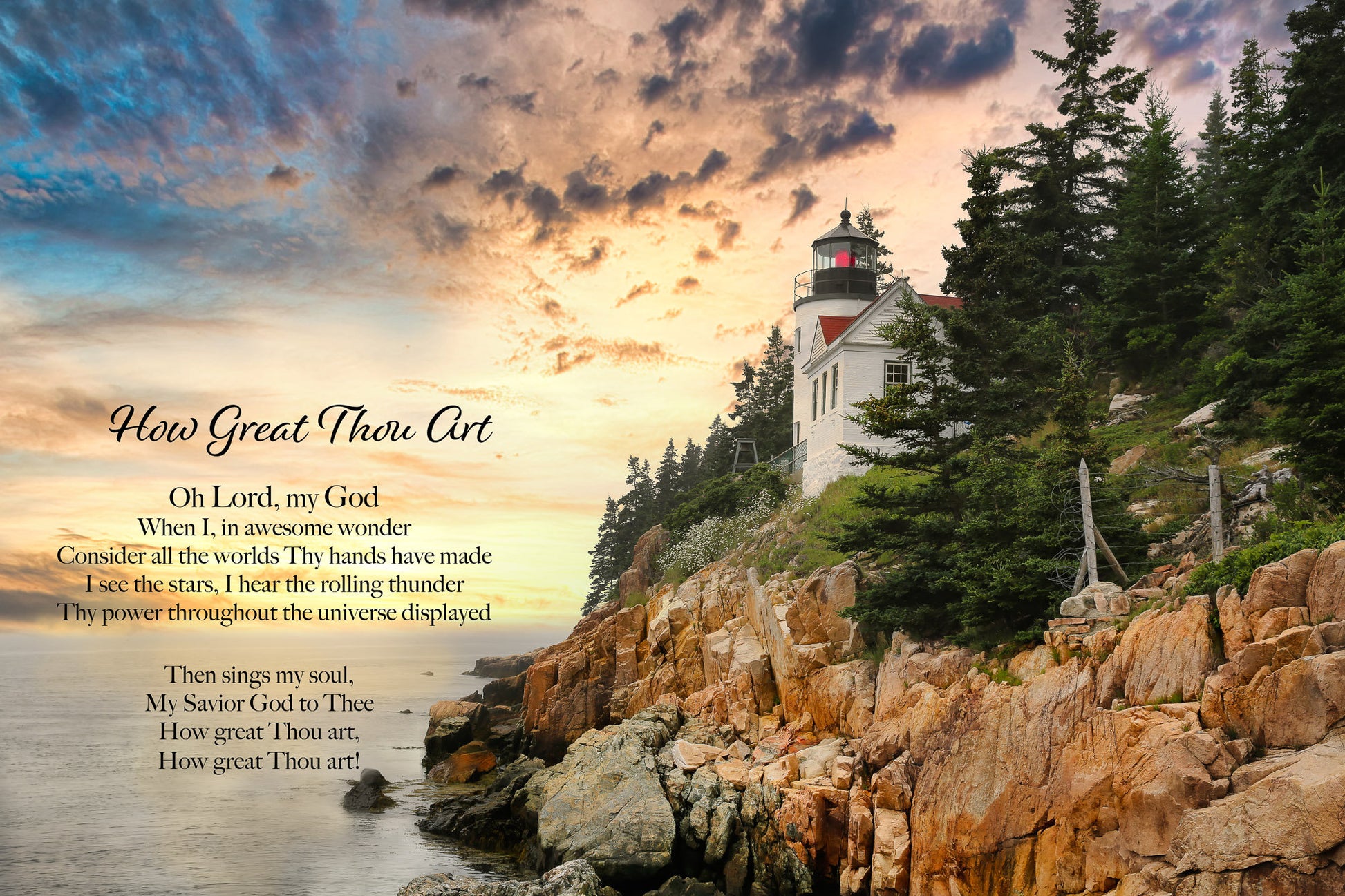 How Great Thou Art Wall Art, Bass Harbor Light House, Christian Inspirational Decor, Sunrise Photography, Scripture Photo Customization