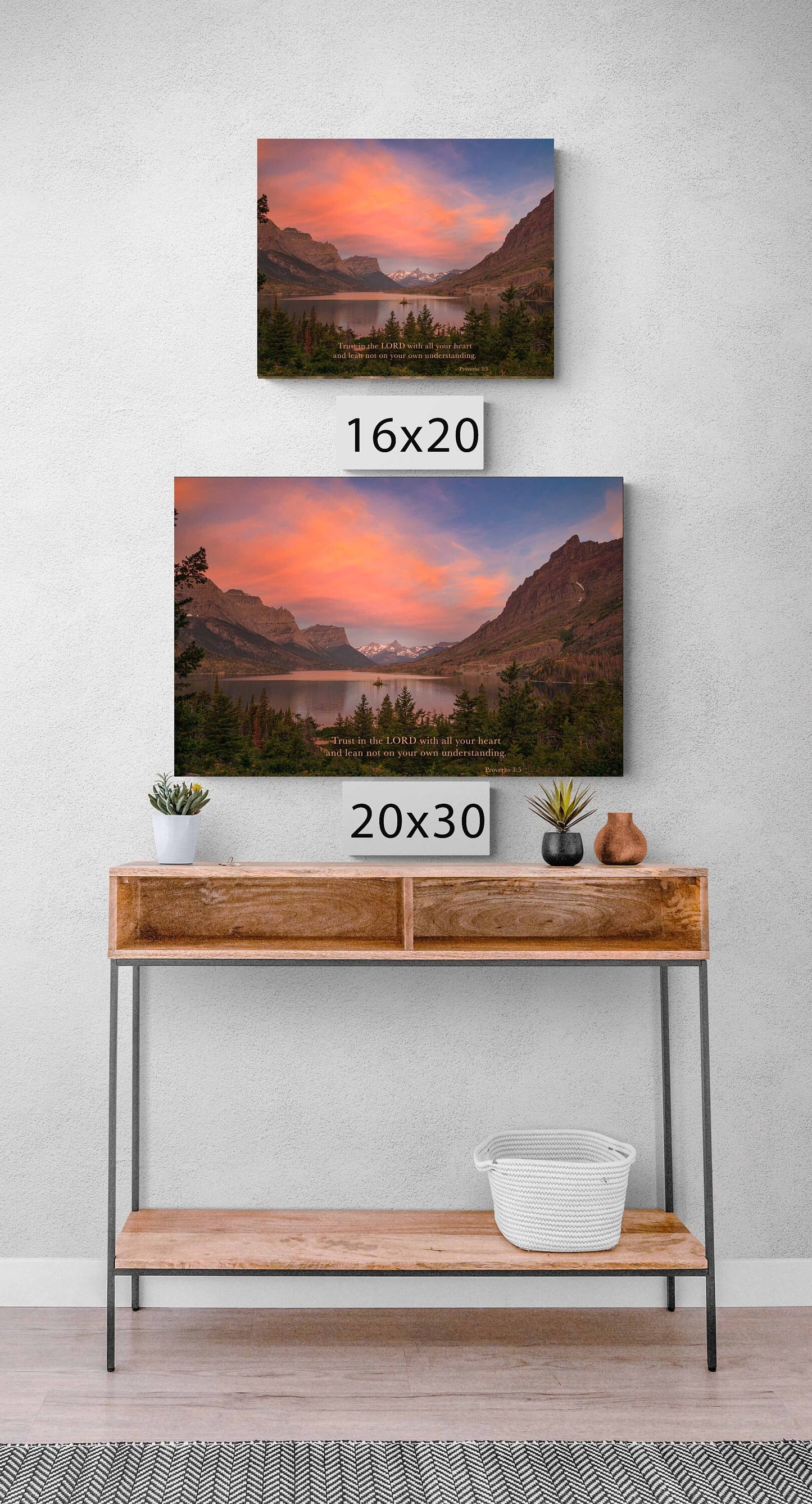 Proverbs 3:5 Christian Inspirational Wall Art, Trust in the Lord Scripture Canvas, Glacier National Park Sunrise Photography, St Marys Lake