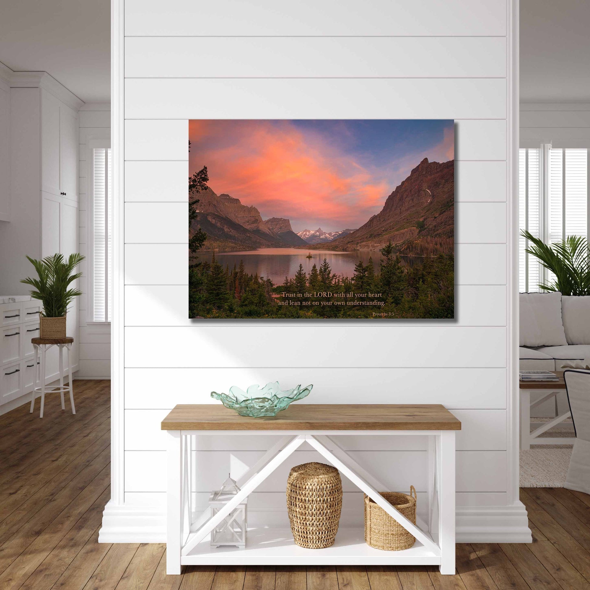 Proverbs 3:5 Christian Inspirational Wall Art, Trust in the Lord Scripture Canvas, Glacier National Park Sunrise Photography, St Marys Lake