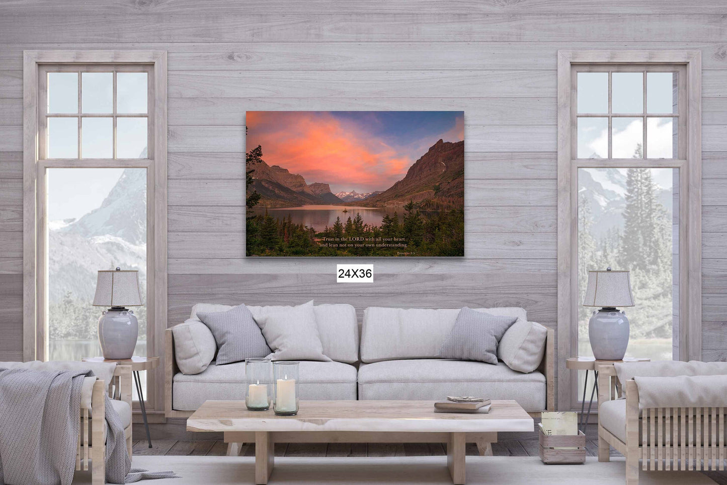 Proverbs 3:5 Christian Inspirational Wall Art, Trust in the Lord Scripture Canvas, Glacier National Park Sunrise Photography, St Marys Lake