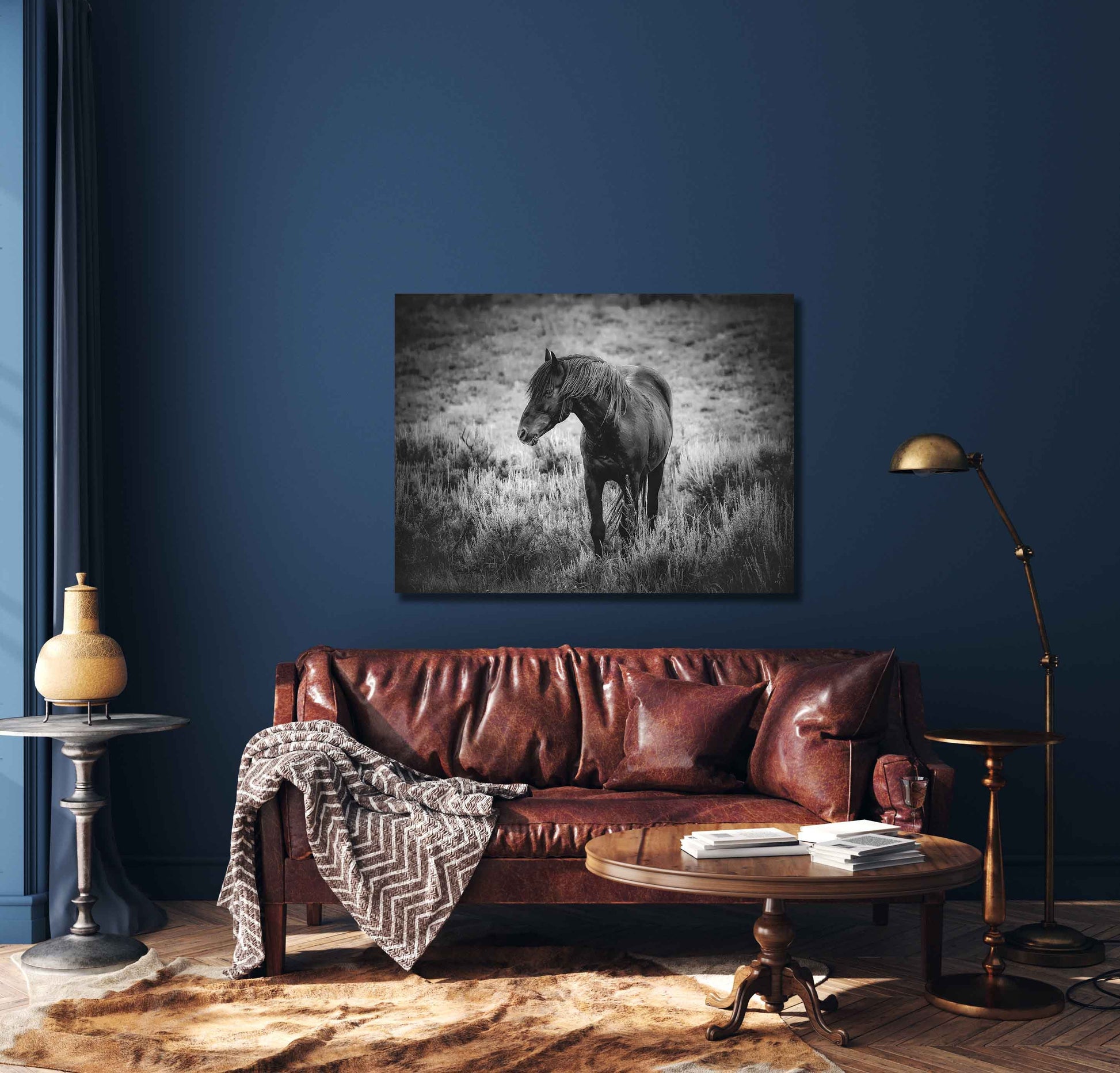 Wild Black Stallion Black White Photo, Mustang Horse Wall Art Print, Wyoming Wildlife Canvas, Cowboy Old West Decor for Home and Office