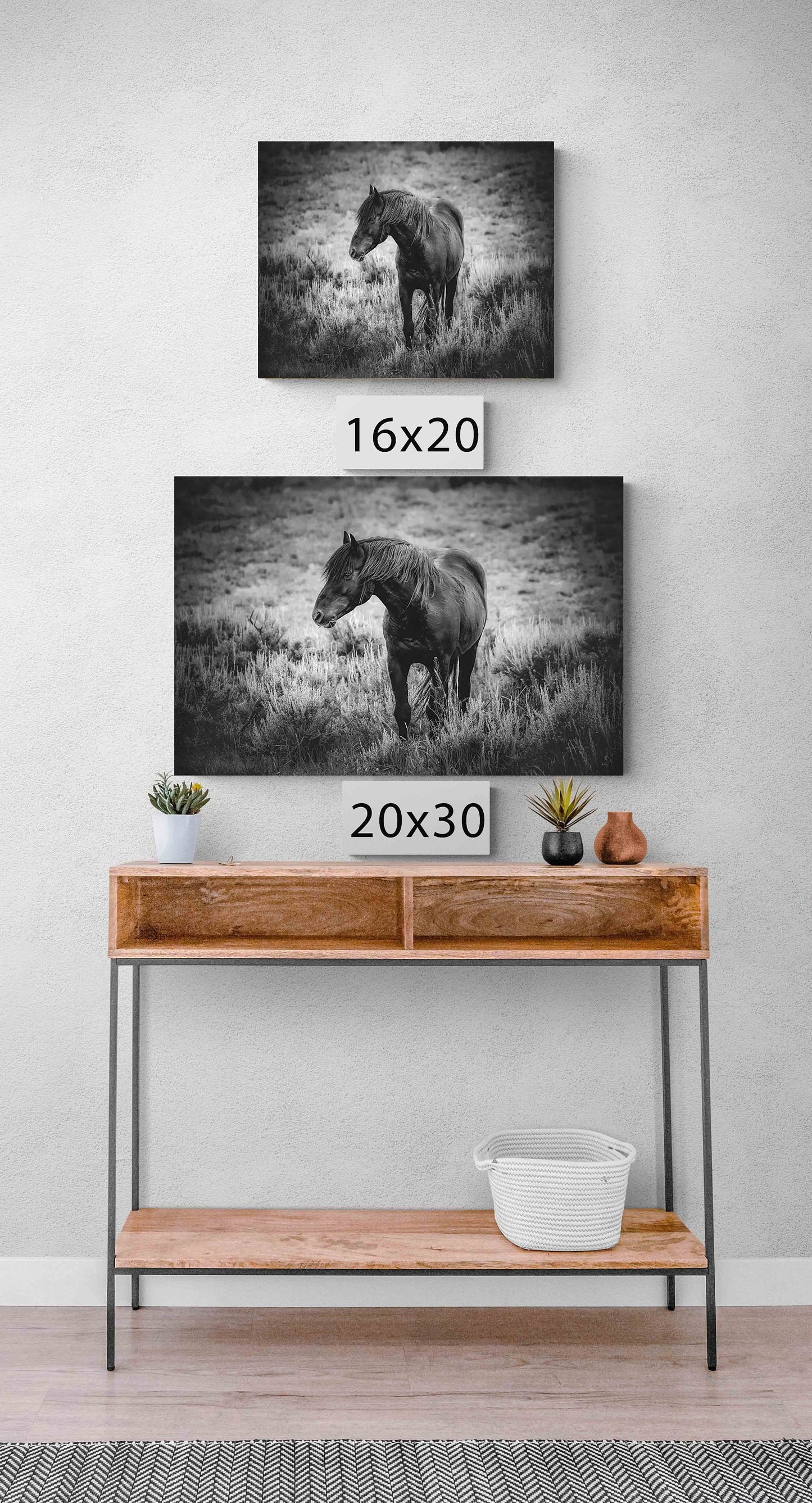 Wild Black Stallion Black White Photo, Mustang Horse Wall Art Print, Wyoming Wildlife Canvas, Cowboy Old West Decor for Home and Office