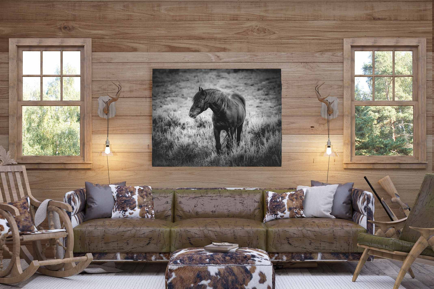 Wild Black Stallion Black White Photo, Mustang Horse Wall Art Print, Wyoming Wildlife Canvas, Cowboy Old West Decor for Home and Office